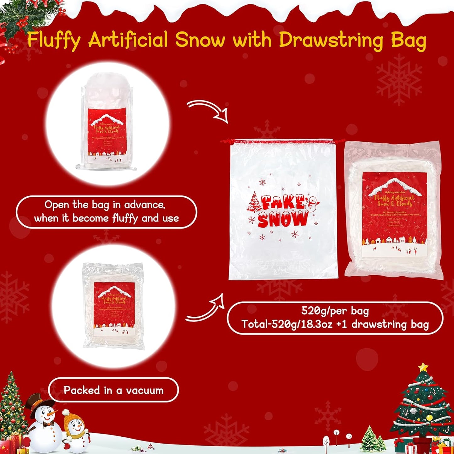 Skiennix Fake Snow Decor - 520g Fluffy Artificial Snow for DIY Christmas & Holiday Displays