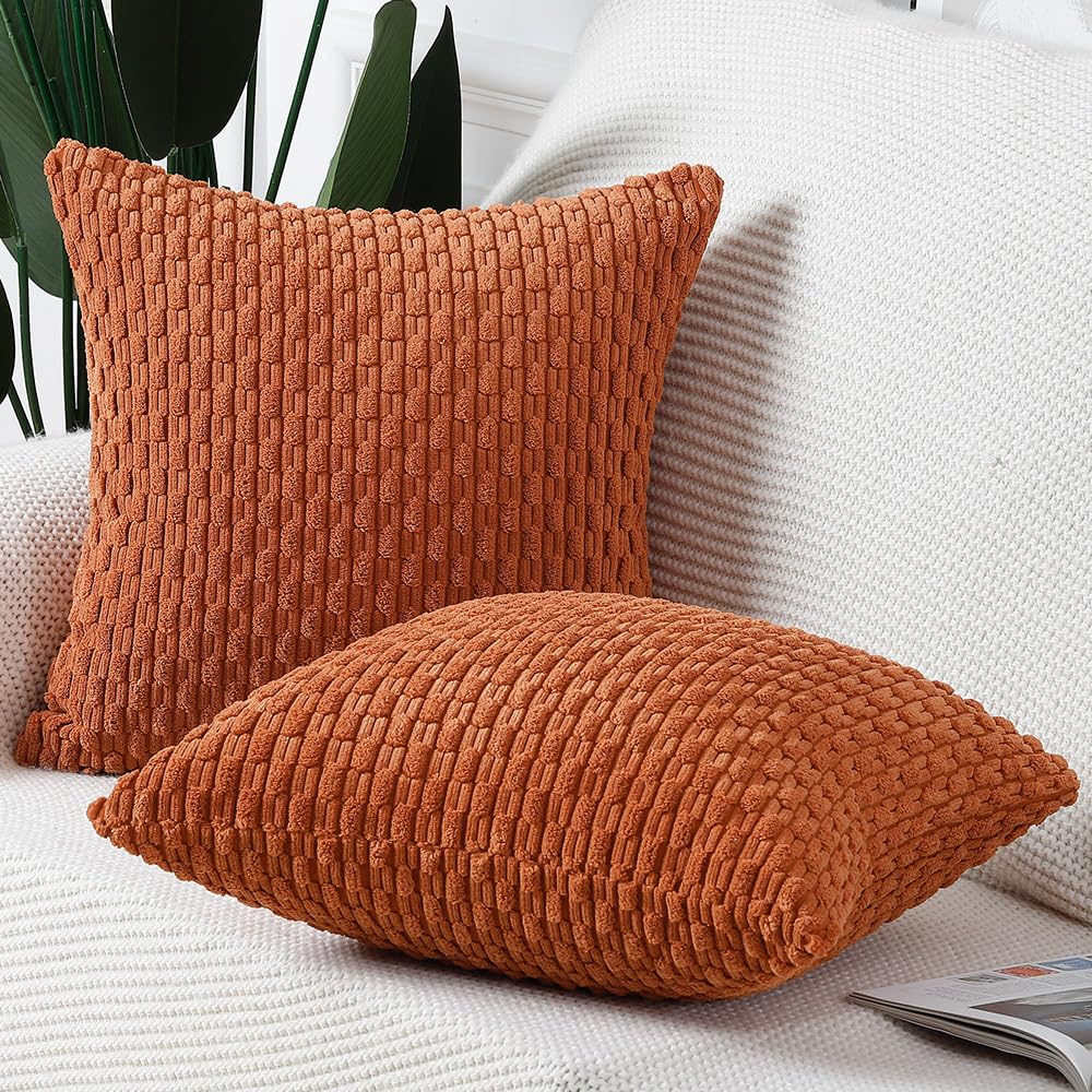 MADIZZ Pack of 2 Corduroy Decorative Throw Pillow Covers 14x14 Inch Rust Soft Boho Striped Couch Throw Pillows for Bed Pillowcases for Sofa Livingroom Home Decor