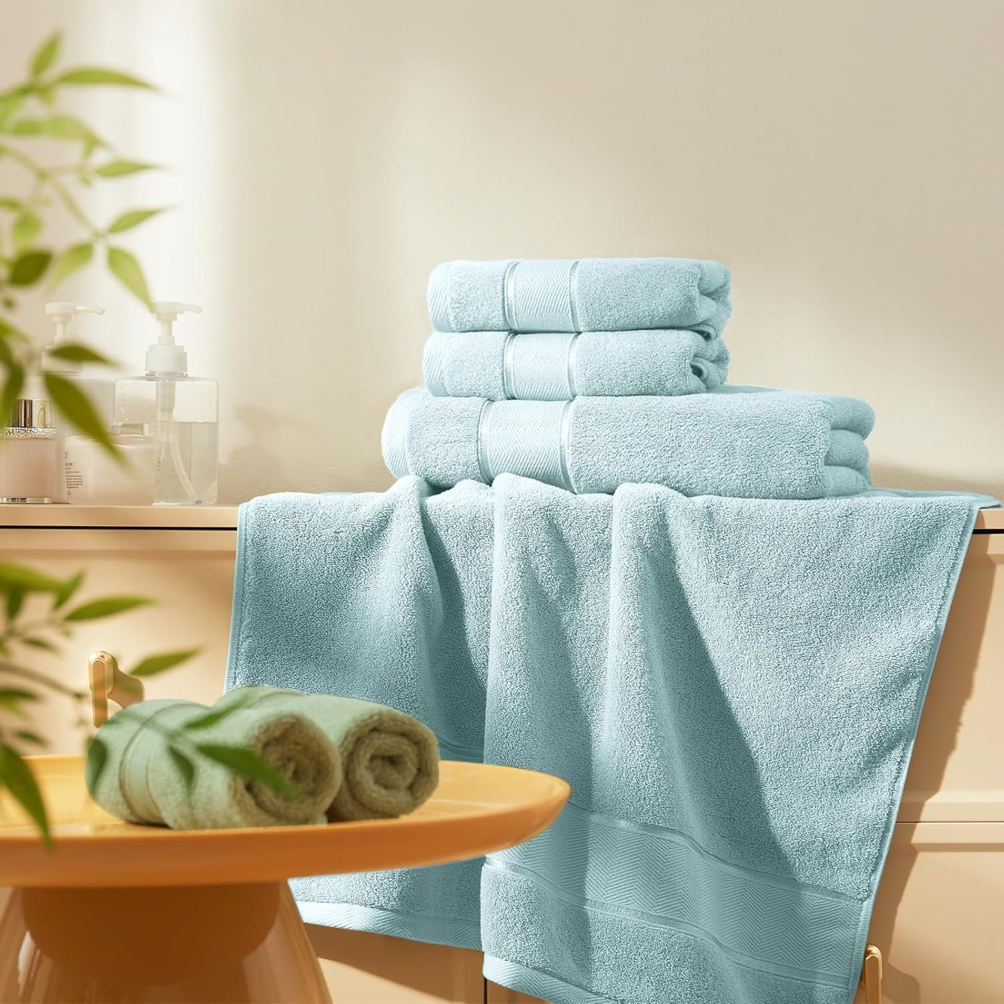 Marvione 6-Piece Bath Towels Set - 100% Turkish Cotton, Highly Absorbent & Soft | Light Aqua Blue