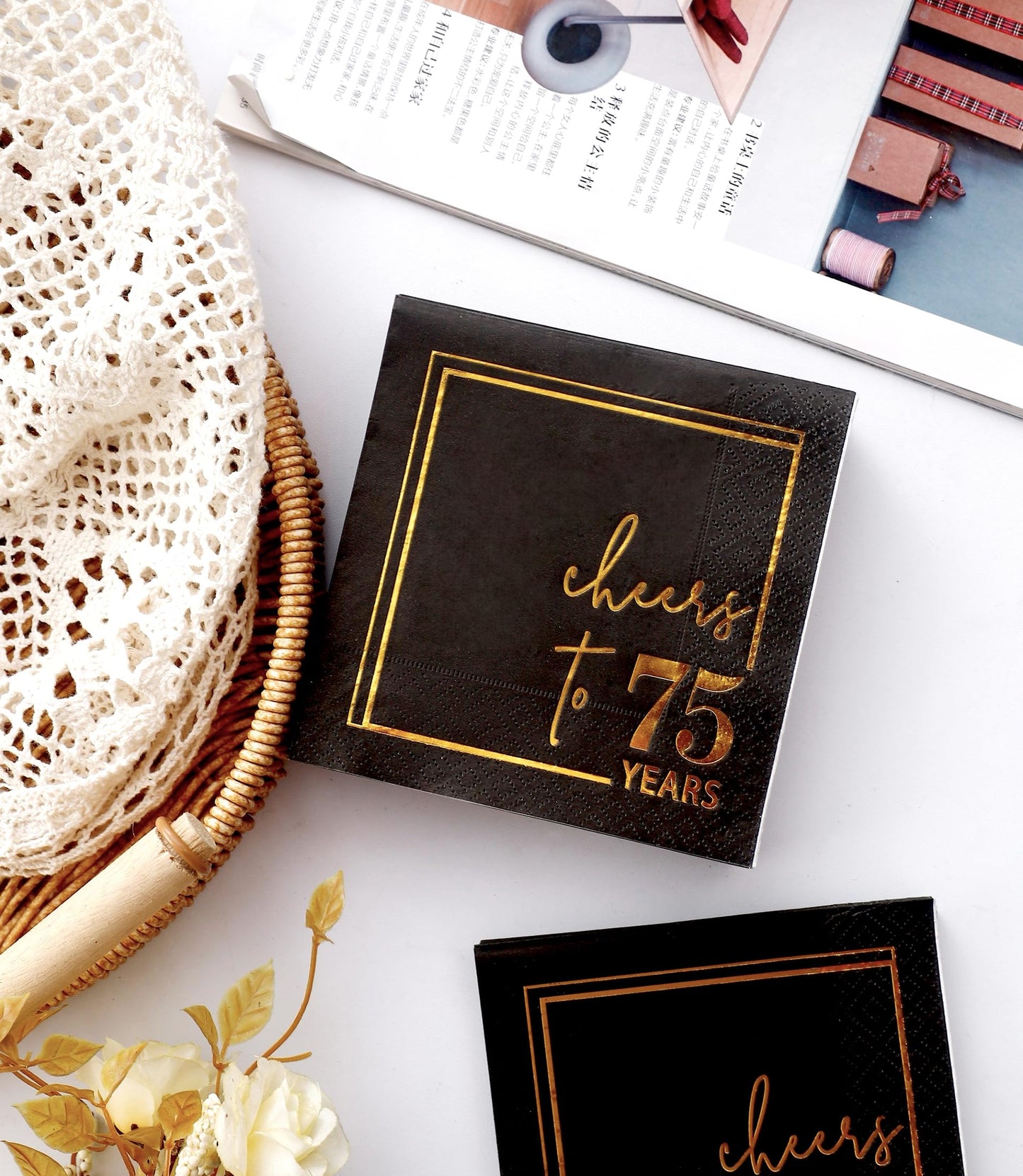 Cheers to Years Cocktail Napkins - 50 PK - 3-Ply Birthday Napkins 5x5 Inches Disposable Party Napkins Beverage Paper Napkins or Birthday Decorations Wedding Anniversary Black and Gold (75 Years)