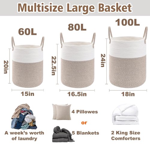 JMvicyroam Large Woven Laundry Basket - 80L Cotton Rope Storage Bin for Blankets, Toys & Clothes | Brown