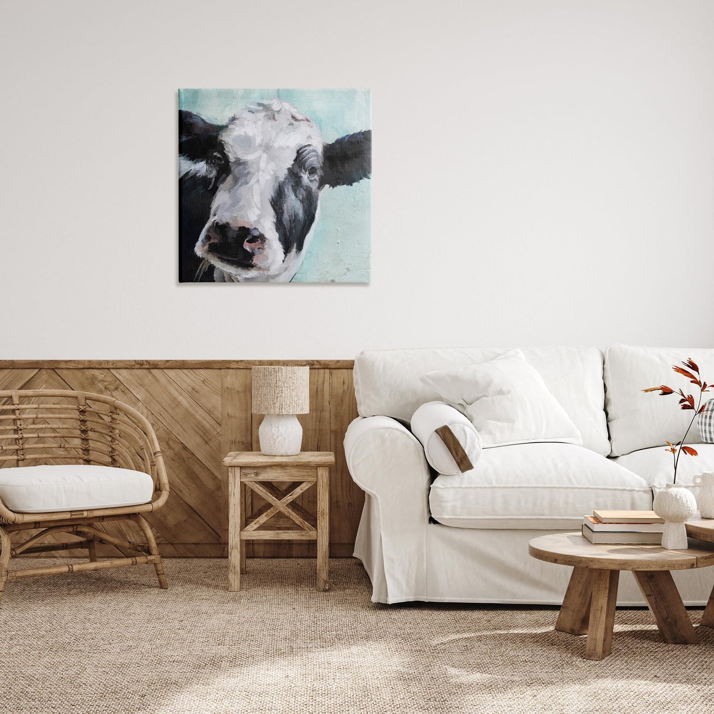 Stupell Industries Gentle Farm Cow Painting on Blue XL Stretched Canvas Wall Art, 30 x 1.5 x 30, Proudly Made in USA, Multi-Color