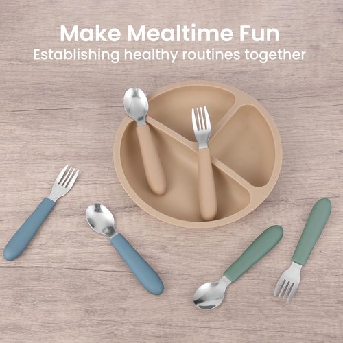 Eascrozn Toddler Utensils Set - 6 Pack Forks and Spoons with Silicone Handles | Safe 18/8 Stainless Steel, BPA Free