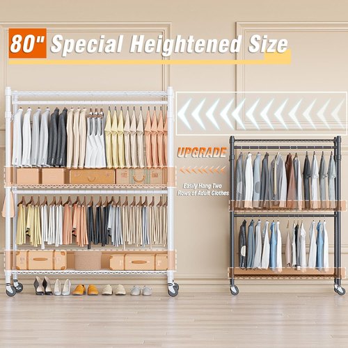 Homdox 3-Tier Garment Rack - Heavy-Duty Portable Closet with Wheels & Double Hanger Rods | White