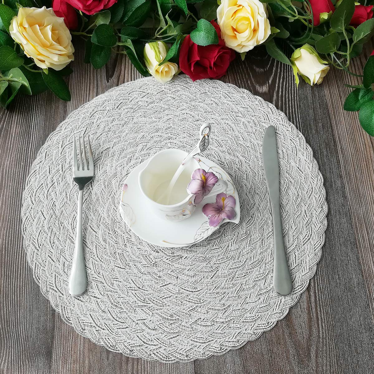 SHACOS Round Braided Placemats 15 inch Set of 6 Boho Thick Washable Kitchen Table Placemats for Home Wedding Party (T-Ivory, 6)