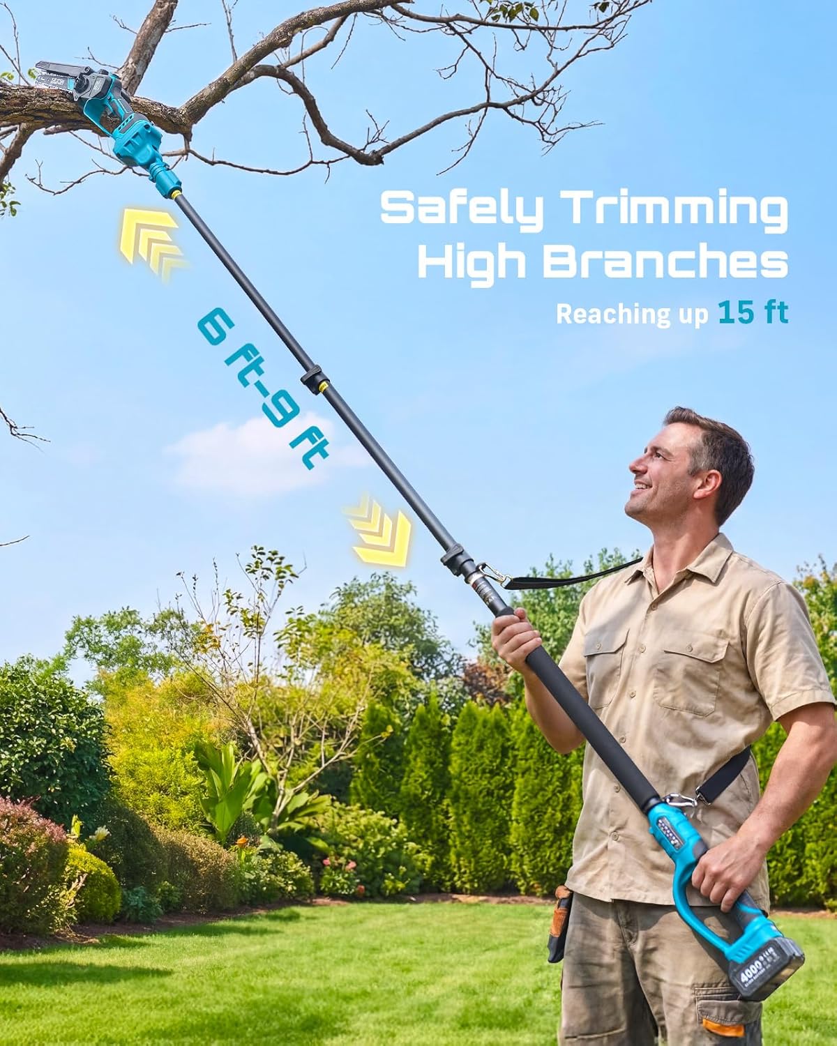 SEESII 4-in-1 Pole Saw & Pruning Shears Kit - 6-Inch Mini Chainsaw for Tree Trimming | Battery Powered with 2 x 4000mAh Batteries