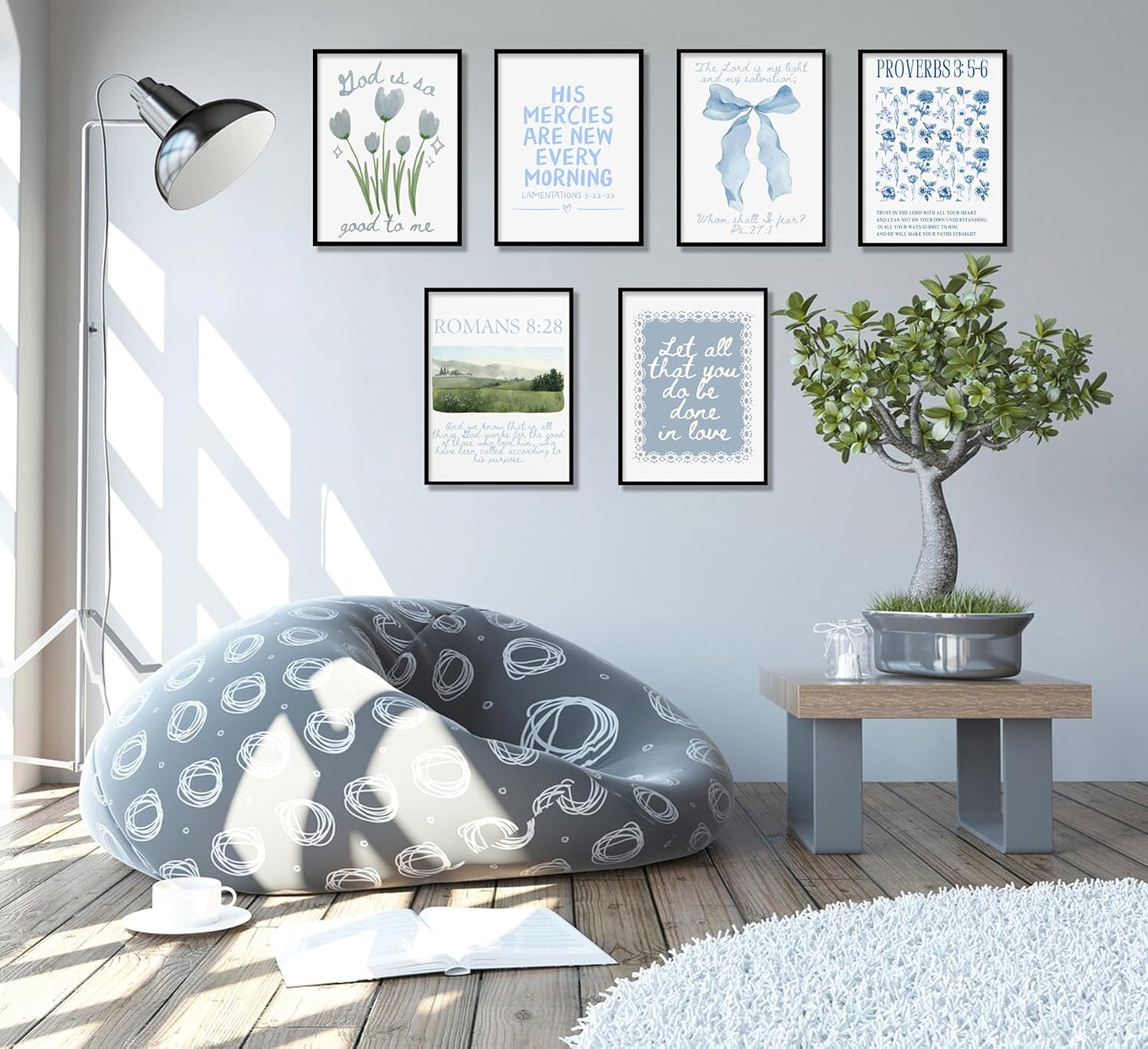 Skiennix Blue Christian Canvas Wall Art - Set of 6 Inspirational Bible Verse Prints for Girls' Room Decor