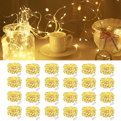 24 Pack Fairy Lights Battery Operated 7 Feet 20 Led Christmas Twinkle String Lights Silver Wire Waterproof for Classroom Christmas Valentine's Day Mason Jars Centerpiece Table Decorations (Warm White)