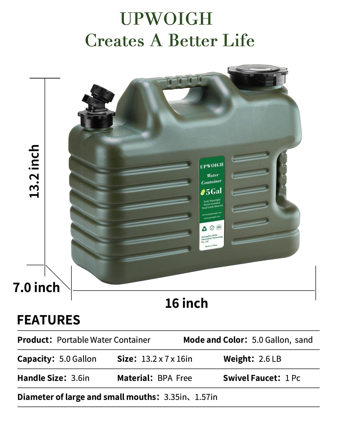 UPWOIGH 5 Gallon Water Jug with Automatic Touch Control Pump (1 Pump Included), Truly Leak-Proof BPA-Free Water Container with Spigot, Type-C Rechargeable Military Green Water Pump for Camping Hiking