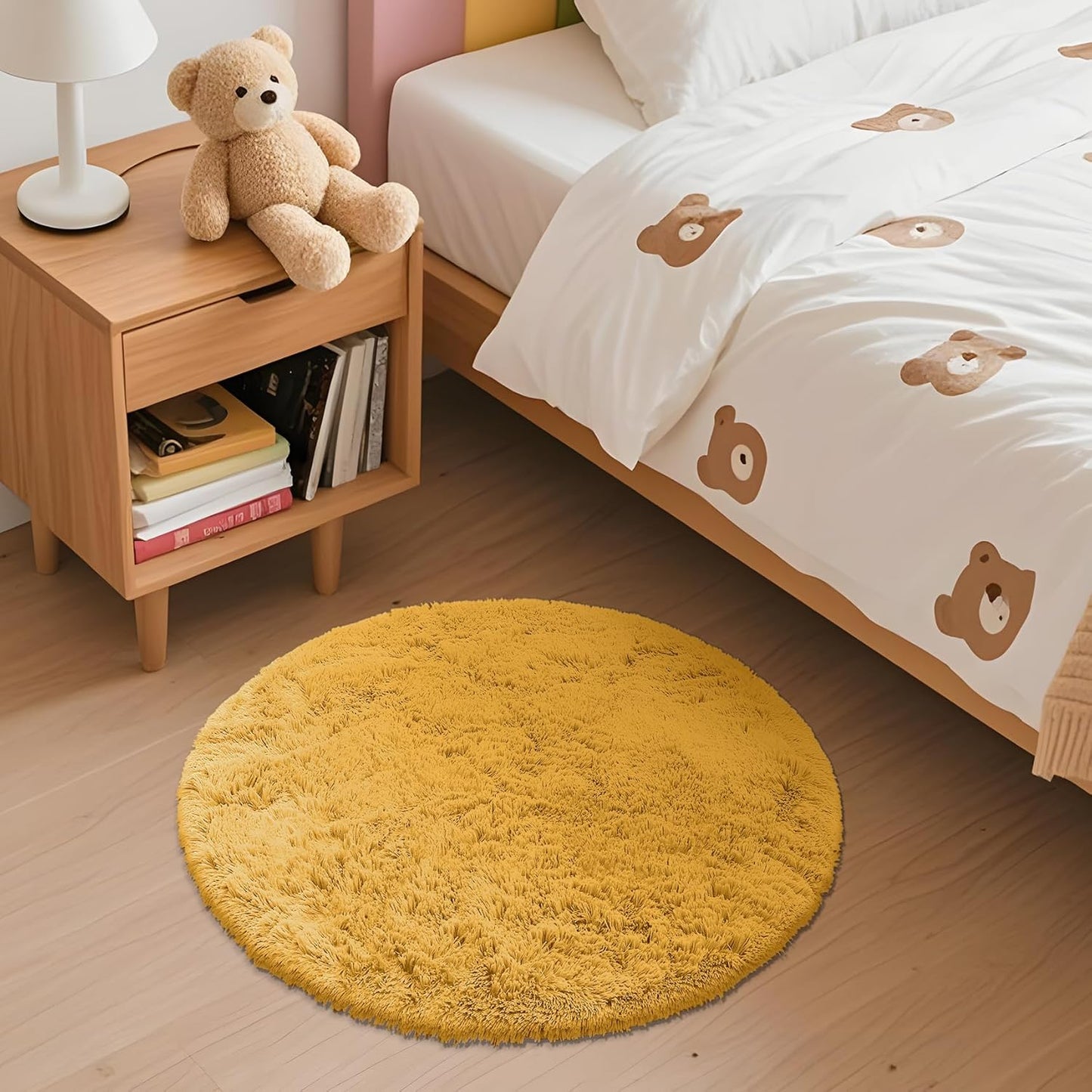 OLANLY Mustard Yellow Round Rug - Soft, Fluffy Shaggy Carpet for Bedroom | 2 ft Circle Area Rug