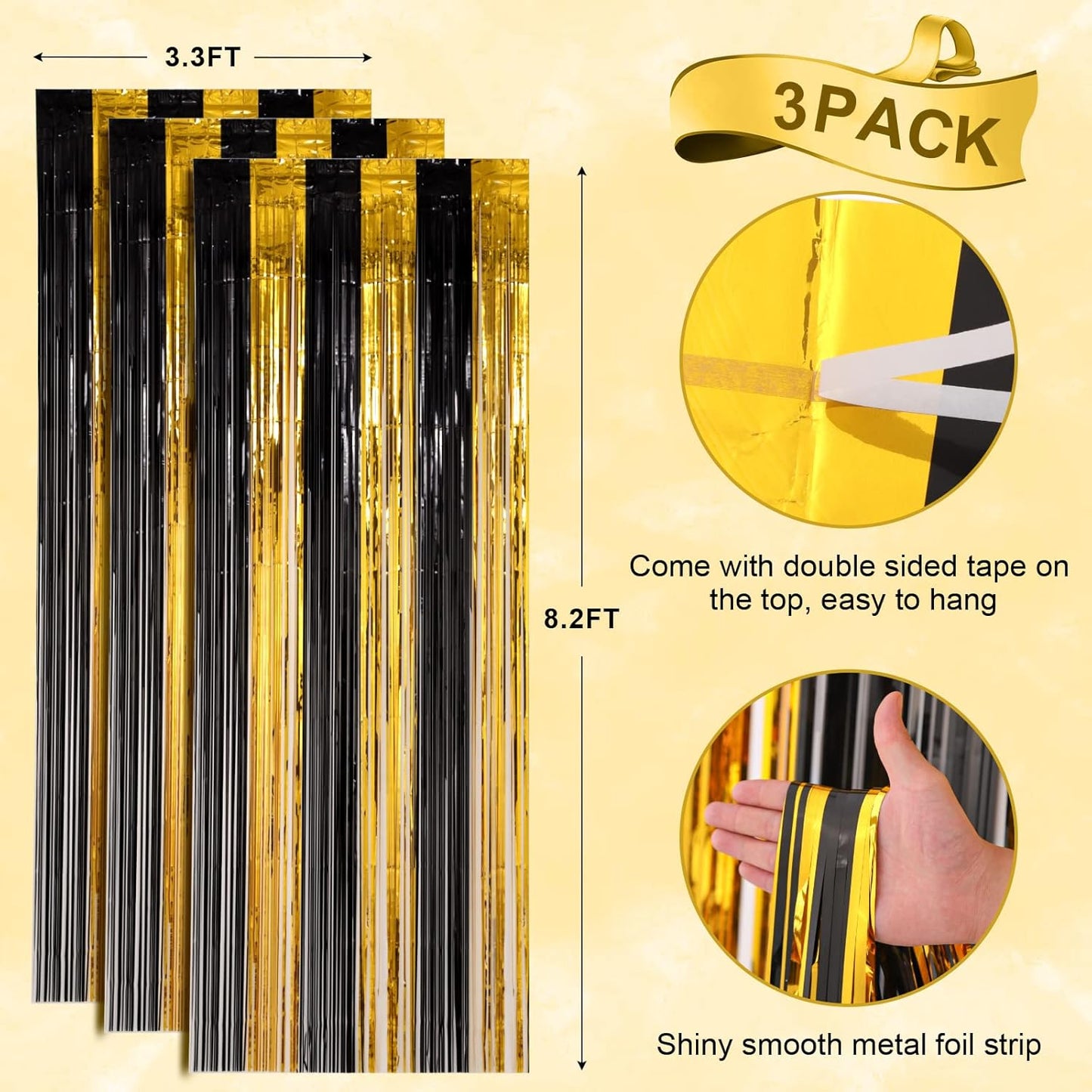 Voircoloria Black and Gold Foil Fringe Backdrop Curtains - 3 Pack Tinsel Streamers for Parties | 3.3x8.2 Feet