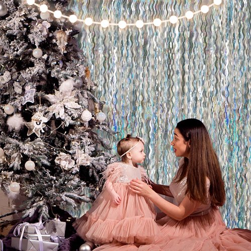 2 Pack Silver Backdrop Curtain Tinsel Streamers Sparkle Metallic Wavy Foil Fringe Photo Booth Props for Birthday Graduation Bachelorette New Year Christmas Wedding Disco Party Decorations