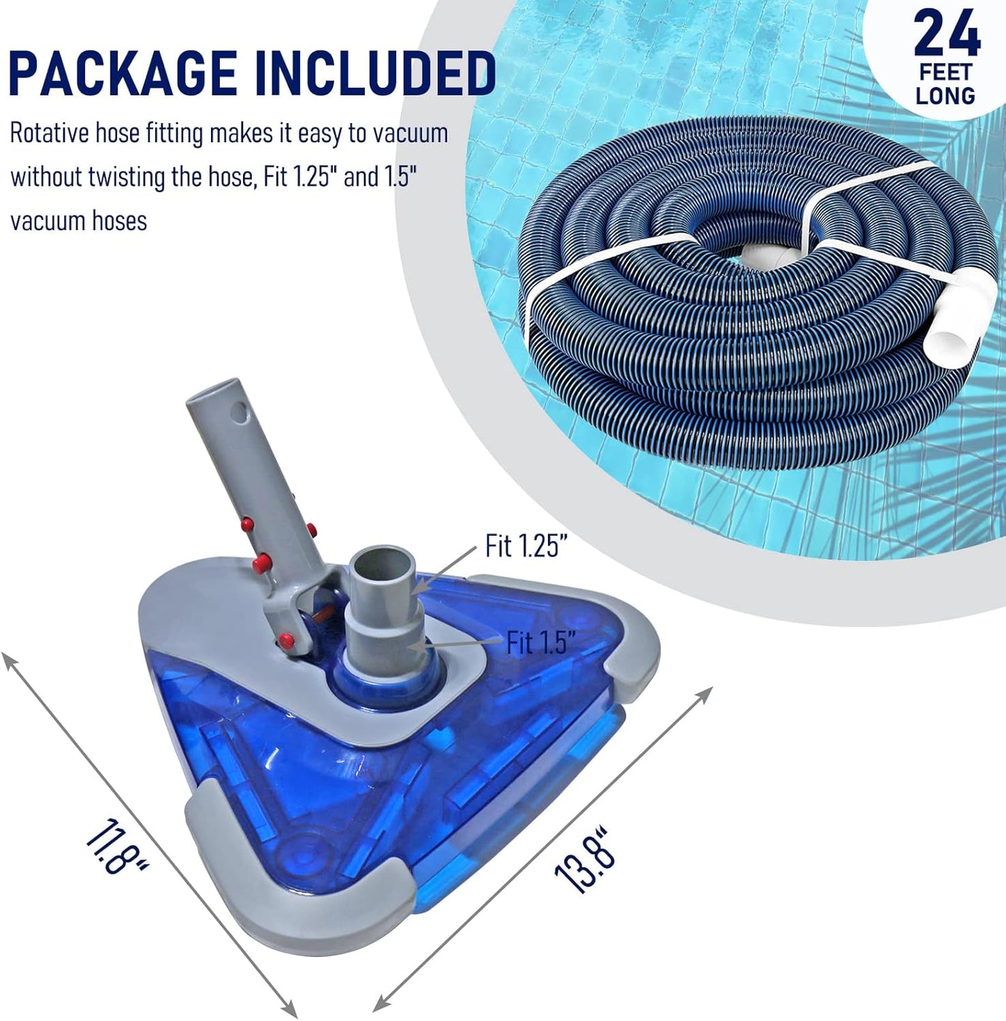 POOLWHALE Swimming Pool Vacuum Hose - 1-1/2 Inch x 24 Feet with Swivel Cuff & Weighted Head | Ideal for Above Ground & Small Inground Pools