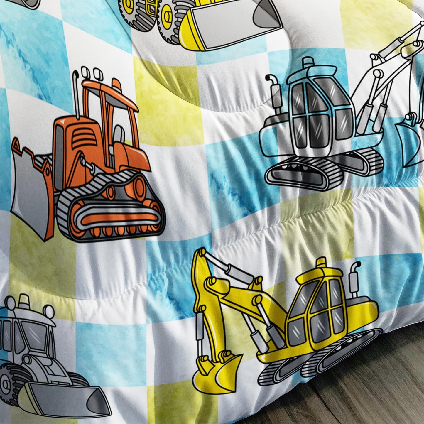 Boy's Construction Truck Comforter Set Full,Orange,and Yellow Truck 3 Pieces Bedding Set for Kids Boys Teens,Blue and Yellow Plaid Microfiber Lightweight Quilt Bedroom Decor with 2 Pillow Cases