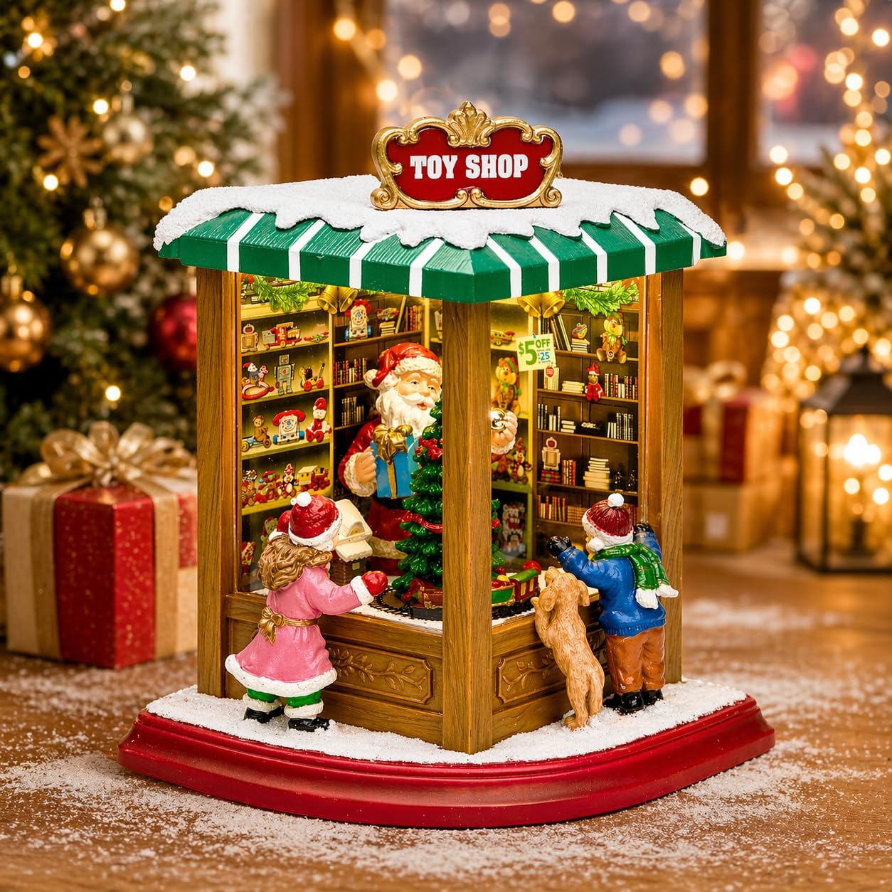 Moments In Time Lighted Santa’s Christmas Village Shop - LED Lights, Music & Animation - 8.8” Holiday Decoration