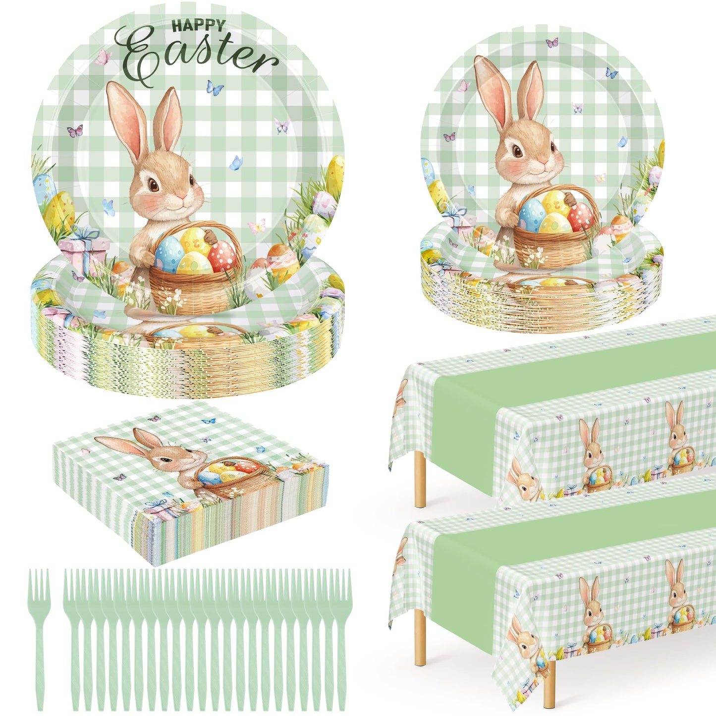 122 Pcs Easter Plates and Napkins Set, Disposable Bunny Eggs Dinnerware Easter Decorations, Sage Green Paper Plates, Napkins, Fork and Tablecloth for Spring Celebrations Party Favors, Serve 30 Guests