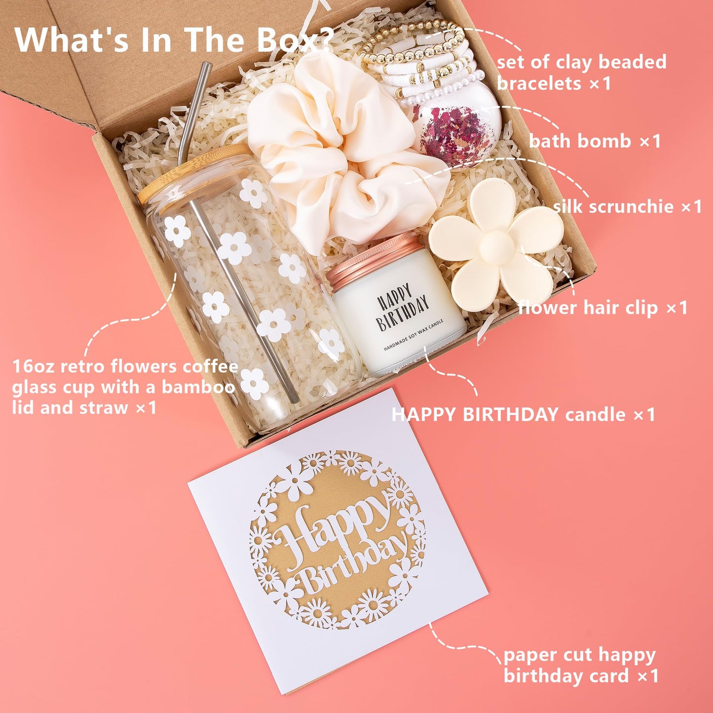 JTEWB Birthday Gifts For Women, Teen Girl, Her, Happy Birthday Gift Box For Girl, Women, Sister, Daughter, Friends, Cute Daisy Aesthetic Glass Cups Gift Set 7pcs