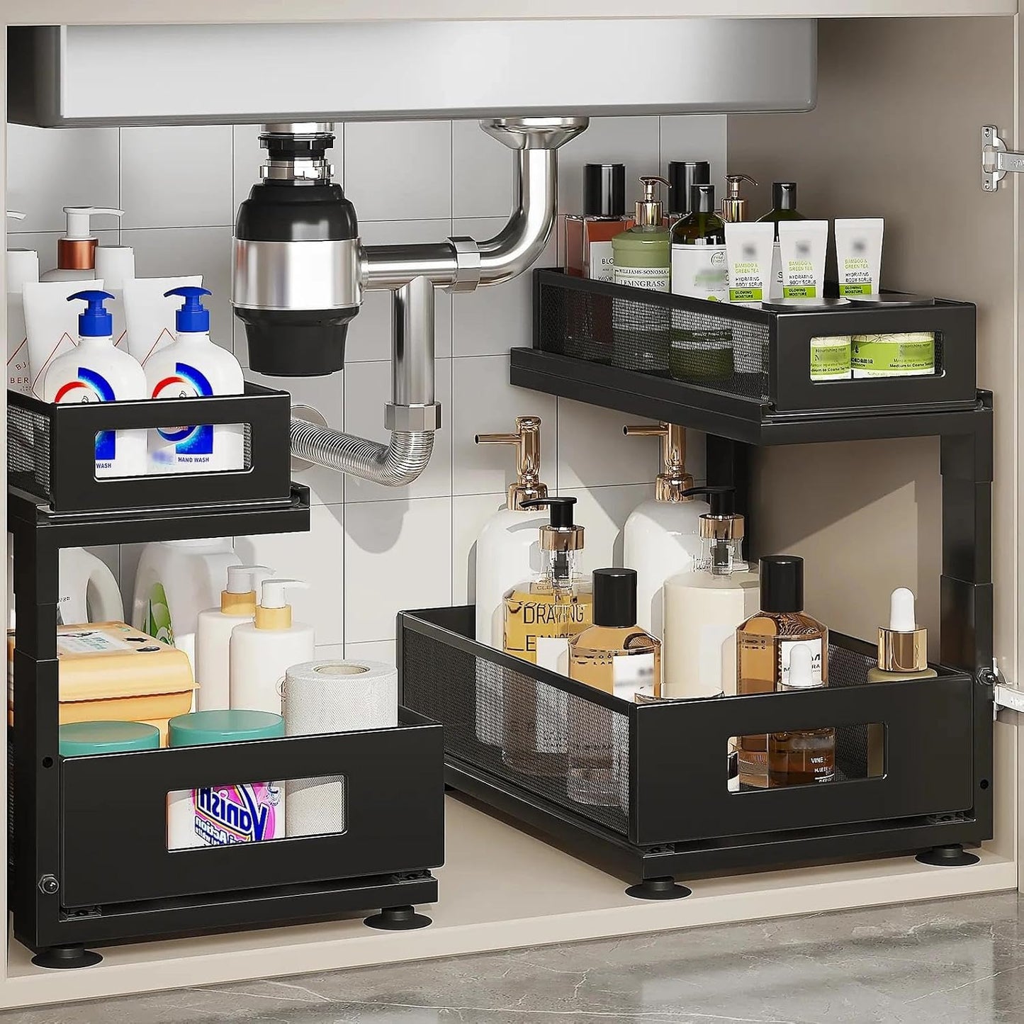Next-Gen Under Sink Organizer by [Brand Name] - 2-Tier Pull-Out Cabinet Storage with Adjustable Height