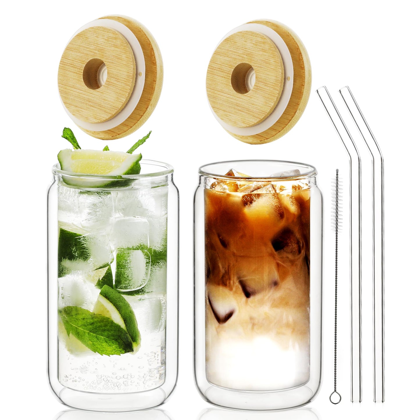 LIBWYS 12oz Double Wall Drinking Glass Cups with Bamboo Lids and Straws, 2 Pc Set – Condensation Resistant Insulated Glass Can Tumblers for Cold Drinks, Iced Coffee, Tea, Juice, Cleaning Brush