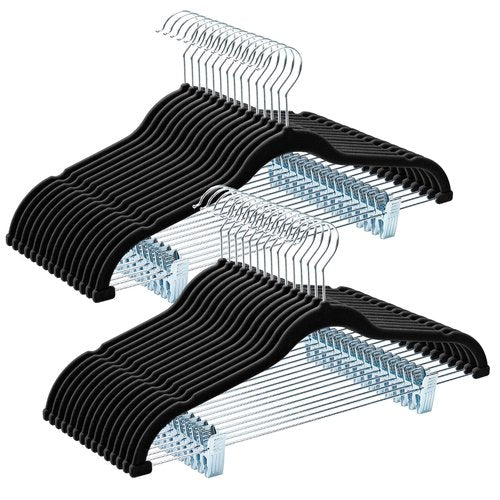 HOUSE DAY Velvet Hangers with Adjustable Clips 30 Pack, Non-Slip Suit Organizer with 360° Hook - Heavy Duty Hanger for Pants, Skirts, Blouses, Dresses - Outfit Hangers All-Season Space Saver (Black)