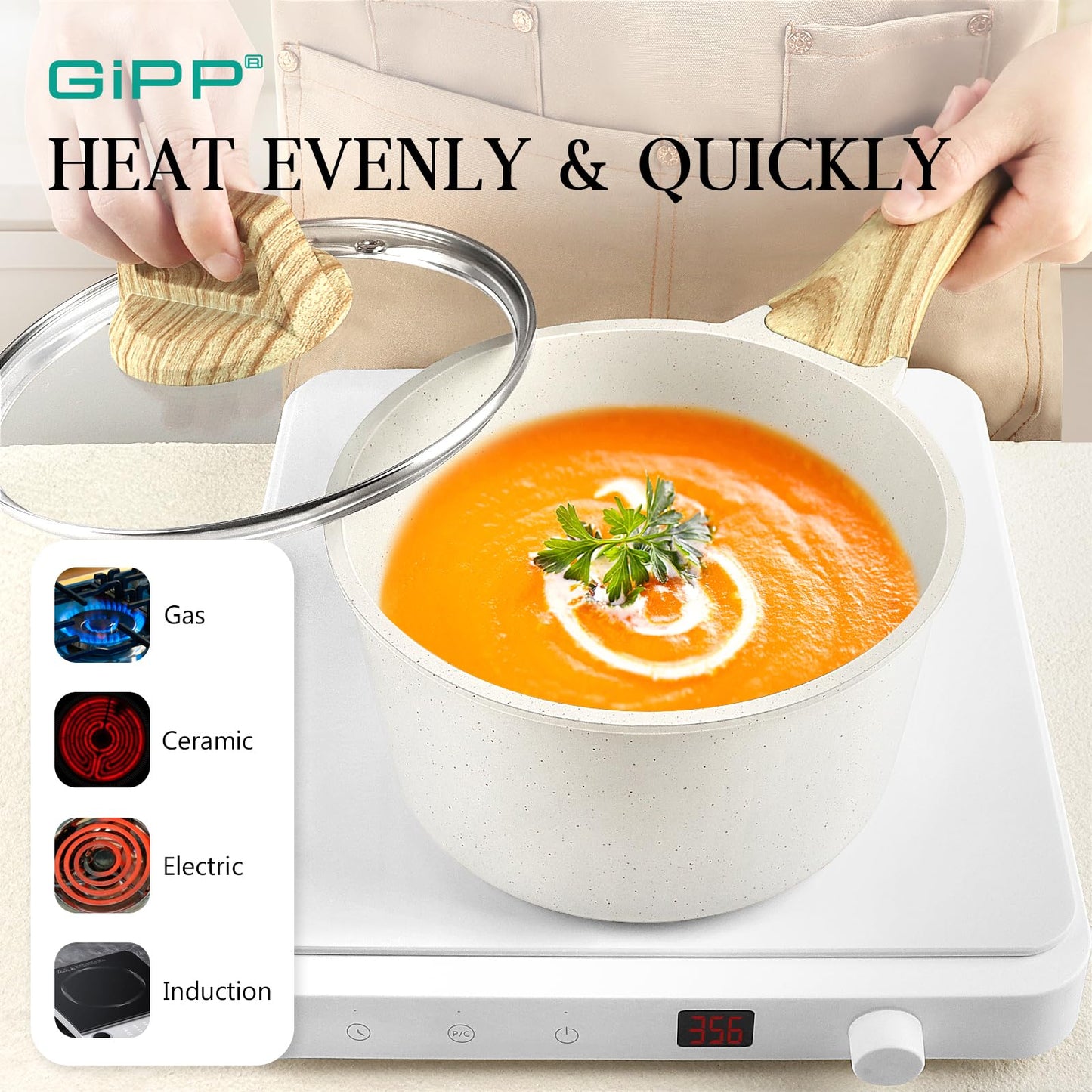 GiPP 21Psc Pots and Pans Set Non Stick White Granite Kitchen Cookware Sets Nonstick Induction Cookware Non-toxic Cooking Pan Set with Silicone Utensils, PFOS and PFOA Free