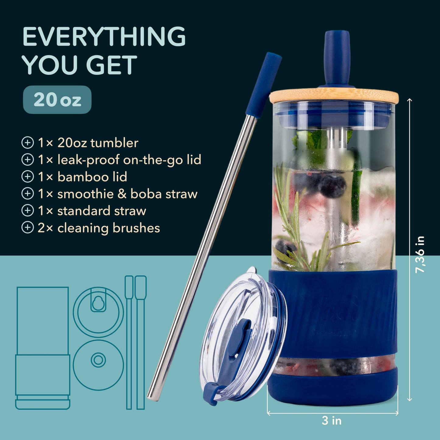 Pandaloo® Glass Cups With Lids and Straws -20 Fl Oz- Perfect Size Iced Coffee Cup - Smoothie Cup With Bamboo Lid and On the go Lid (Galactic Blue, 1 Count (Pack of 1))
