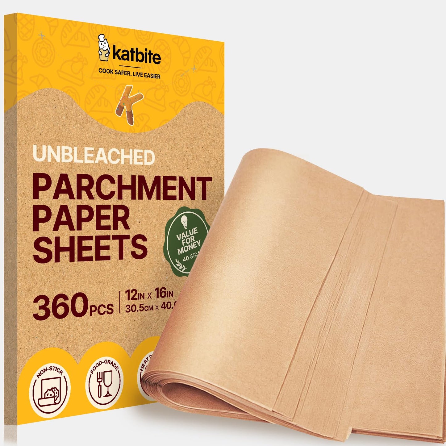 Katbite Parchment Paper Sheets 360 PCS, 12x16 Inches Precut Unbleached Baking Parchment, Non-stick, Non-toxic, Heavy Duty Flat Baking Paper for Oven, Cooking, Grilling, Air Fryer and Steaming