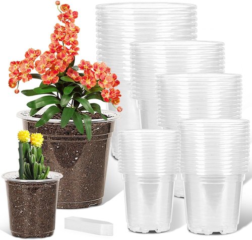 JNYONG Clear Nursery Pots - 60 Pack of 3.5 to 7 Inch Seed Starting Pots with Drainage Holes & Labels