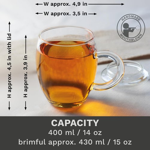Creano Tea Glass with Infuser and Lid 400ml - Large Tea Cup - Microwave & Dishwasher Safe - Loose Leaf Tea Maker Gift Set