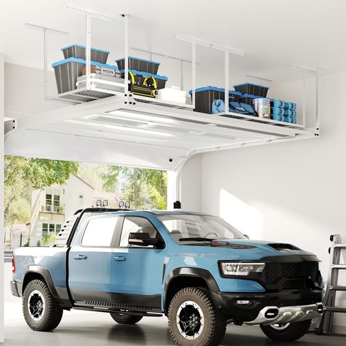 FLEXIMOUNTS Overhead Garage Storage Rack - Adjustable Ceiling Design | 3x6 ft, 900 lbs Capacity, White