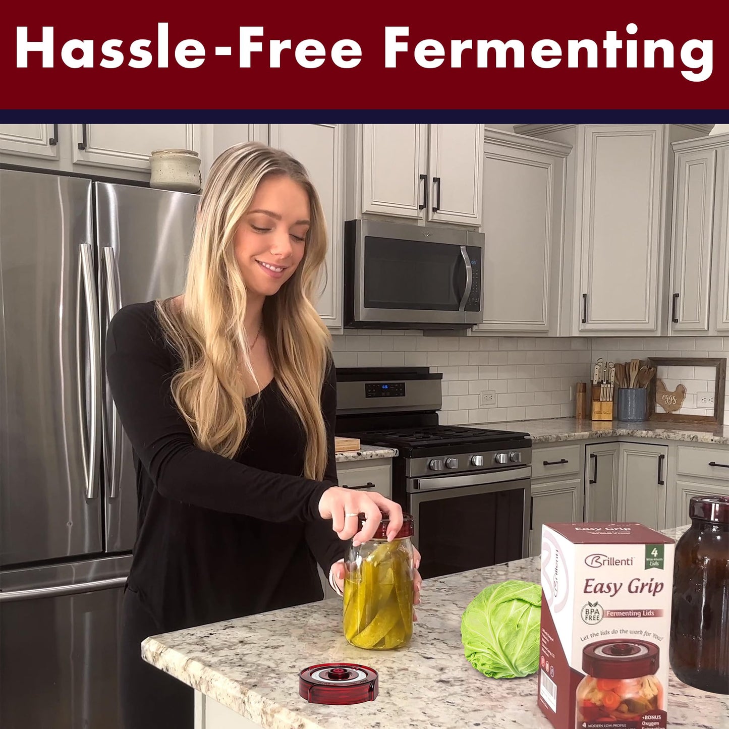 Fermenting Lids for wide mouth mason jars. 4 waterless airlock fermentation lids kit. Easy Grip fermenter lid with Oxygen Pump automatically Vents air. Tracks ferment date. (4 Lids + Pump)