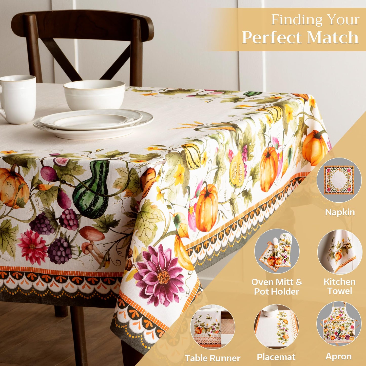 Maison d' Hermine Table Cloth Rectangle Table 100% Cotton 60 x 120 Inches Fall Tablecloth Reusable Everyday Use for Thanksgiving Christmas Decorations Dining Farmhouse (Pumpkin Garden - Cloudy Cream)