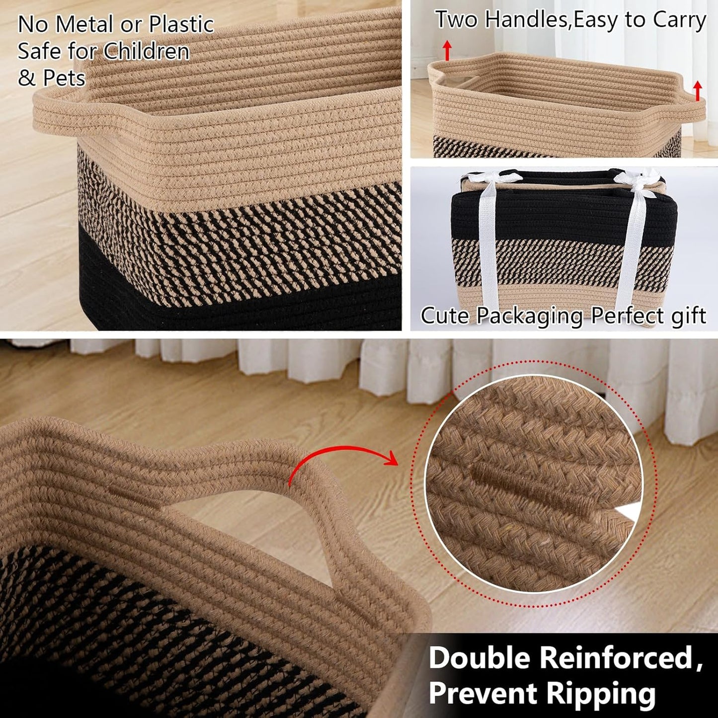 OIAHOMY Woven Storage Baskets - Stylish Cotton Rope Baskets for Toys & Towels | Pack of 3, Black & Brown