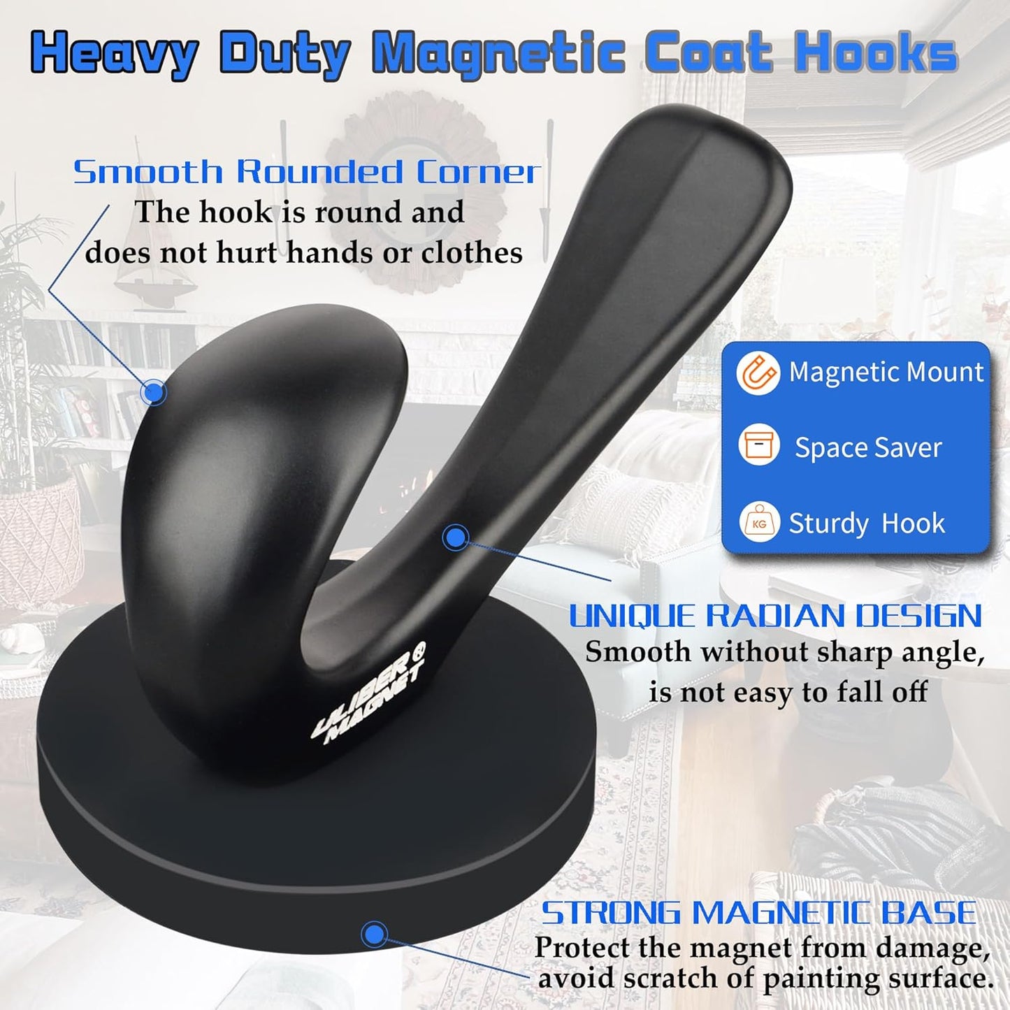 ULIBERMAGNET Heavy-Duty Magnetic Coat Hooks - 2 Pack Rubber Magnet Double Hooks for Coats, Towels & Keys (Black)