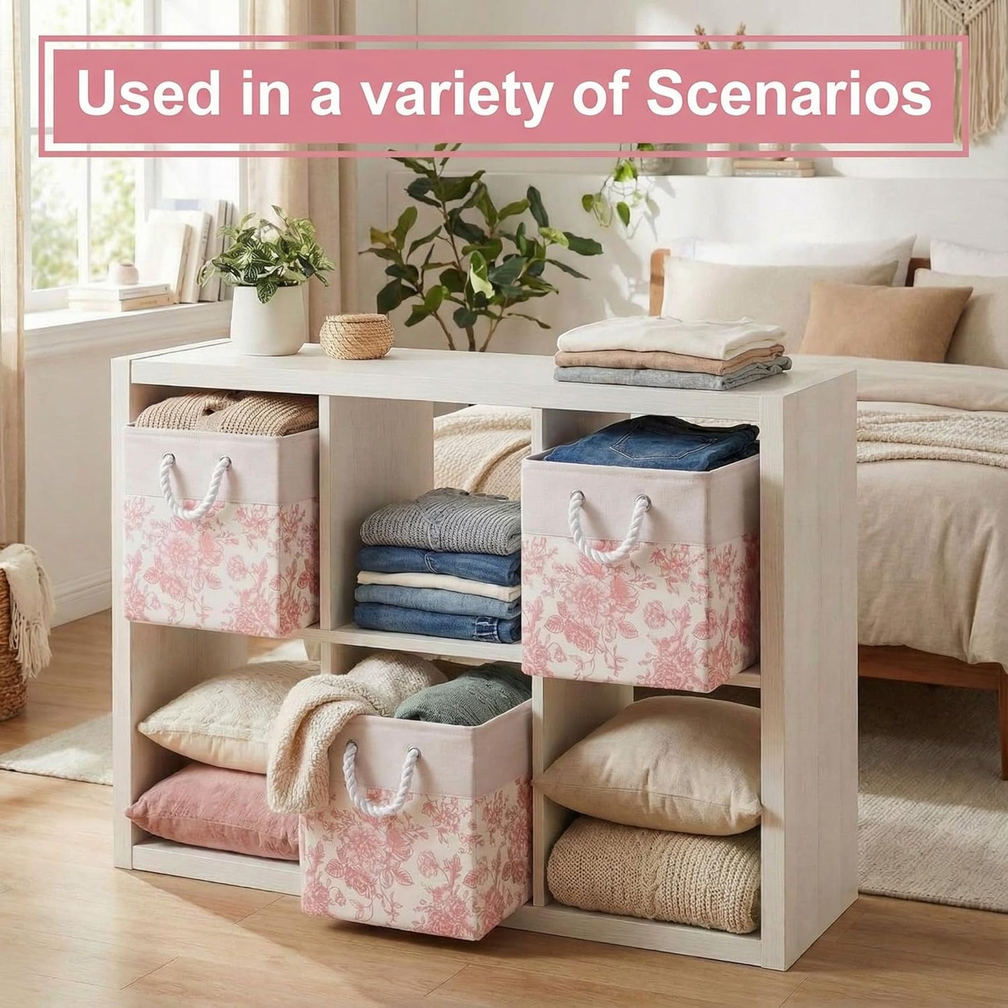 LemonRoad Pink Floral Cube Storage Bins - 6 Pcs Collapsible 11.22 Inch Organizer Baskets for Home & Office