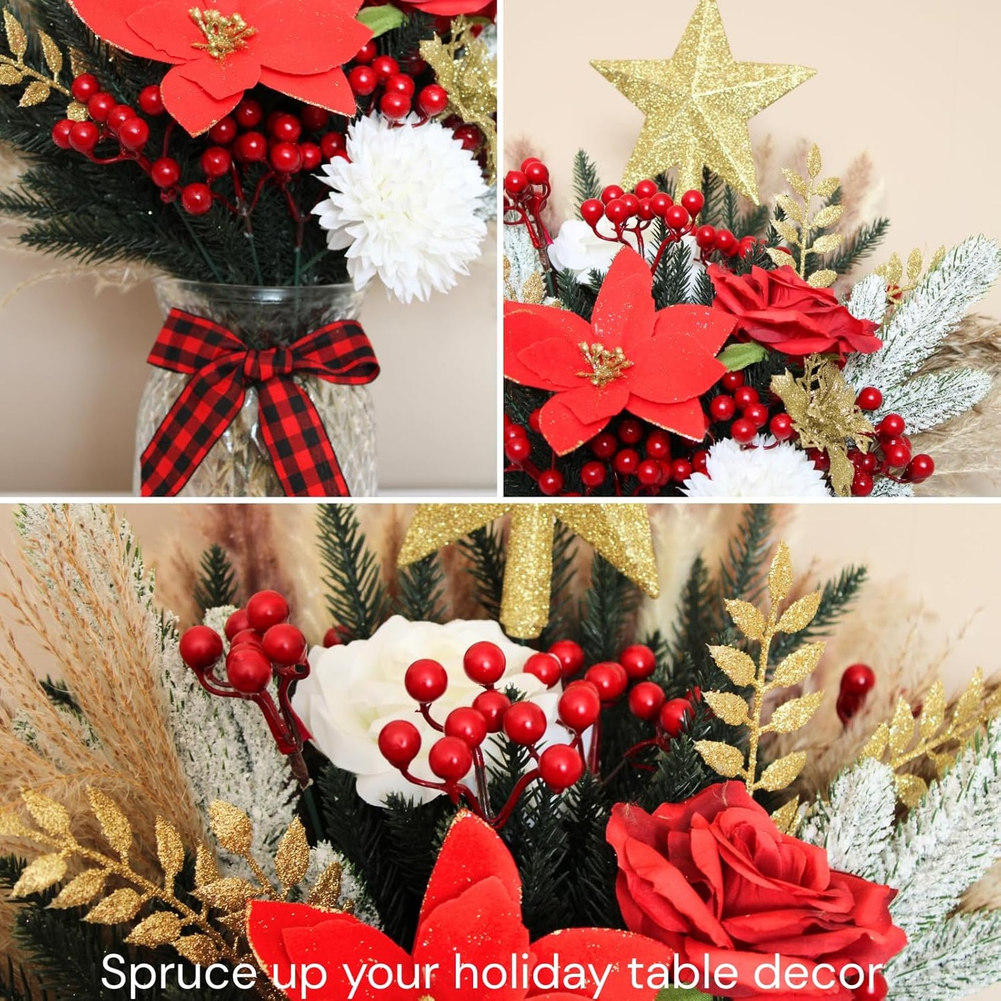 RyddeligHome Christmas Centerpieces - 100pcs Holiday Floral Arrangements for Tables | Red Poinsettia & Pine Decor