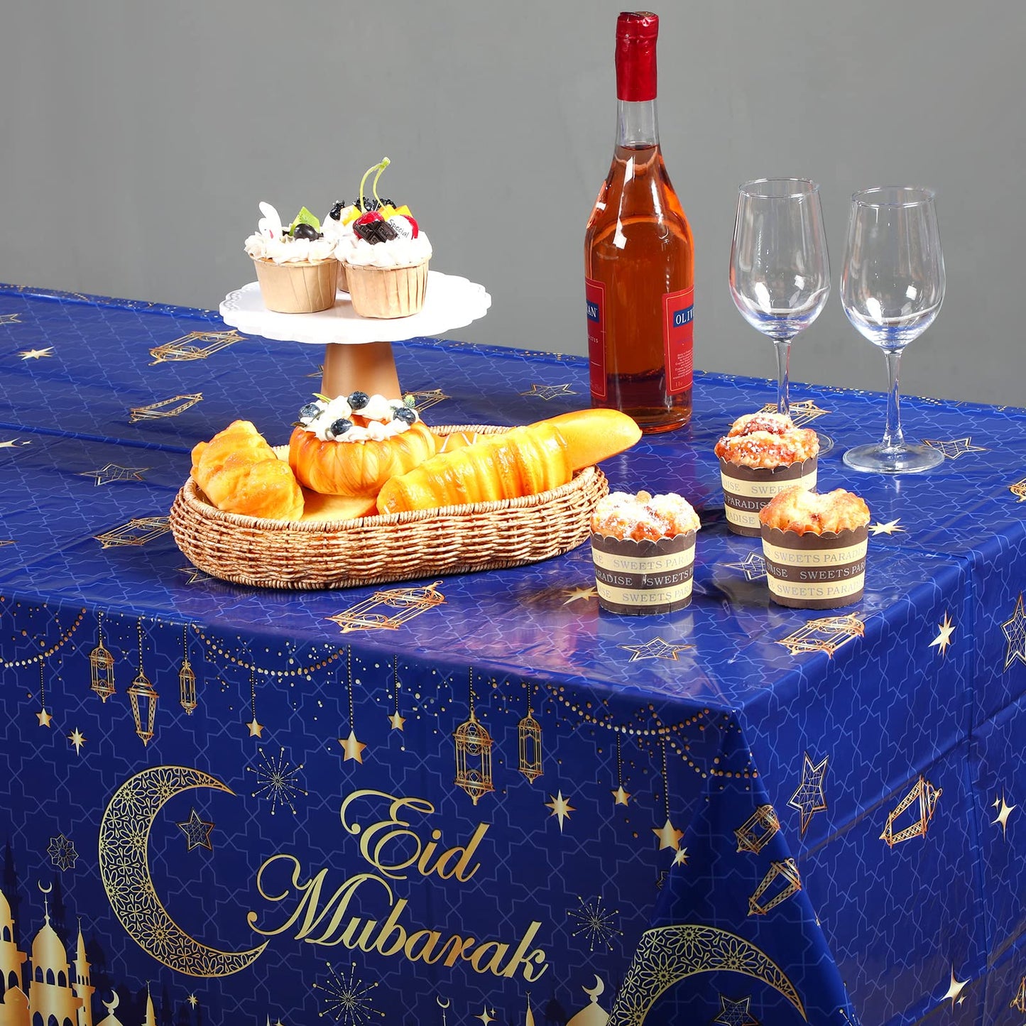 3 Pcs Eid Mubarak Tablecloth 54" x 108" Plastic Ramadan Table Cloth Disposable Rectangle Ramadan Kareem Table Covers Muslim Islamic Moon Star Party Tablecloth for Eid Al Fitr Party Decoration Supplies