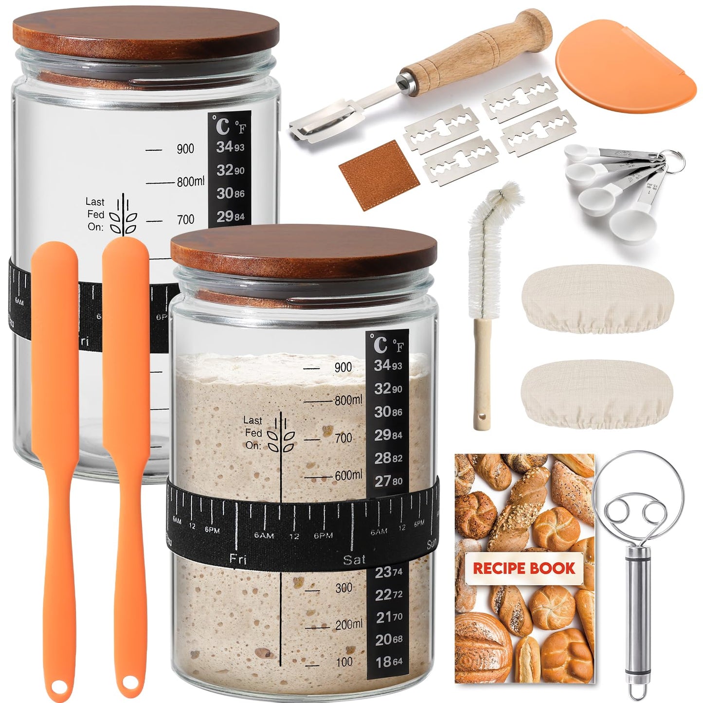 RYTOXILO Sourdough Starter Jar Kit, 34 Oz Glass Sour Dough Jars Wide Mouth for Beginners, 10 Pcs Bread Starter Container Set with Acacia Wooden Lid, Glass Jar with Bread Baking Supplies