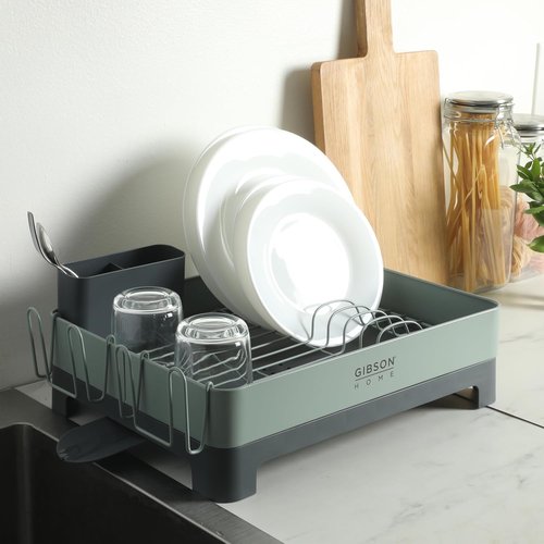 Gibson Home Nestcraft Full-Size Dish Rack - Rust Resistant with Drain Board & Flatware Caddy | Green