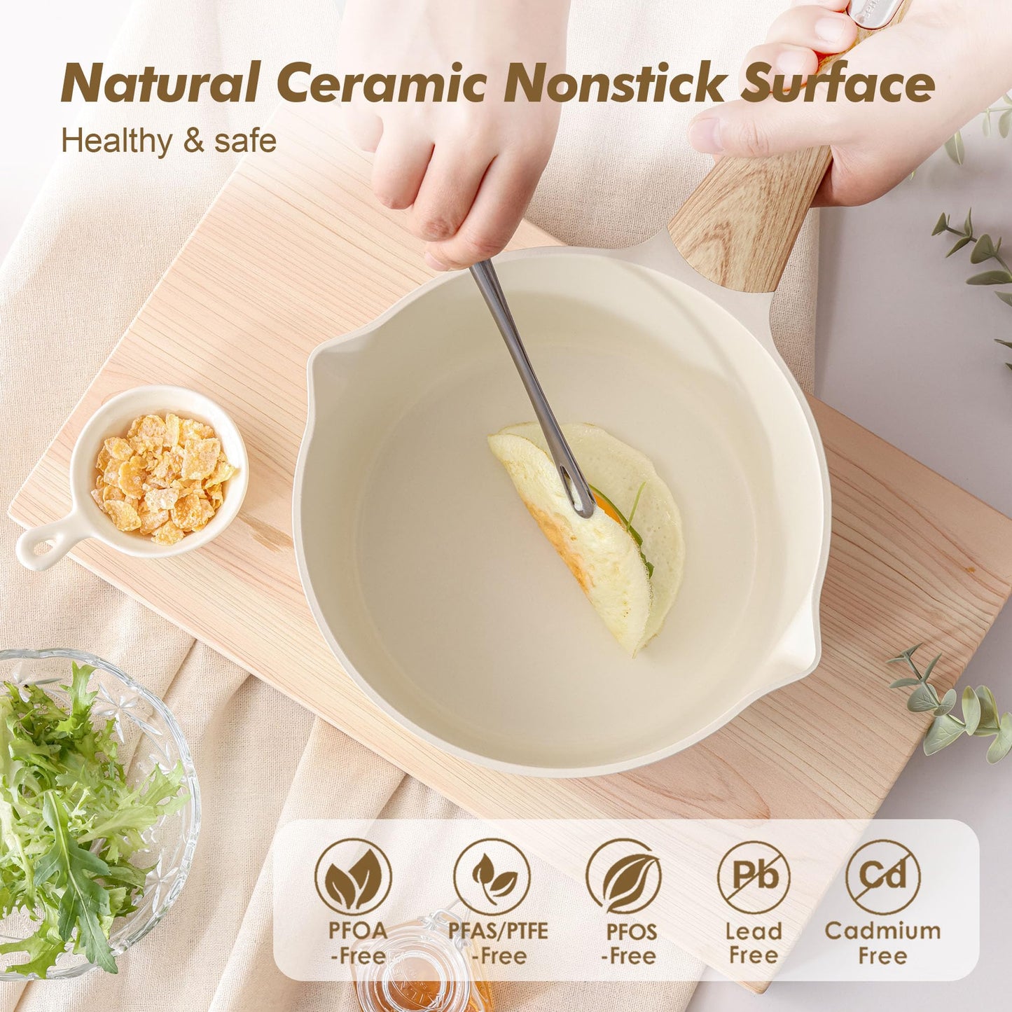 SENSARTE 2.0 & 3.0 Quart Ceramic Sauce Pan Sets with Lid, Cooking Pots Set, Nonstick Saucepan Set with Pour Spout, Small Kitchen Pot, Non toxic Saucepot, Induction Comptable, PFOA PTFE PFAS Free