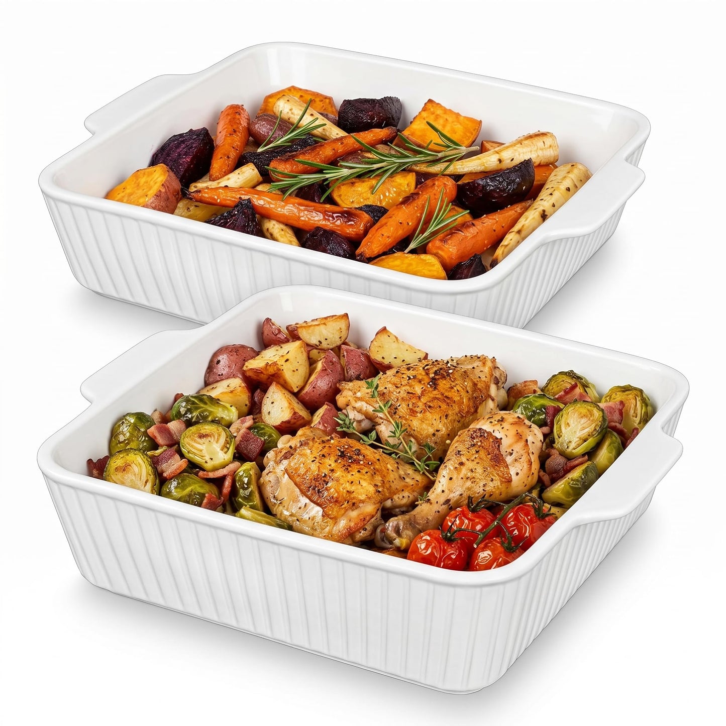 cikiciki 10" Square Ceramic Casserole Dish Set of 2-2.6 Qt Deep Baking Dishes with Handles for Oven, Lasagna Pan for Casseroles Cake Bread, Microwave Dishwasher Safe Bakeware Set, White