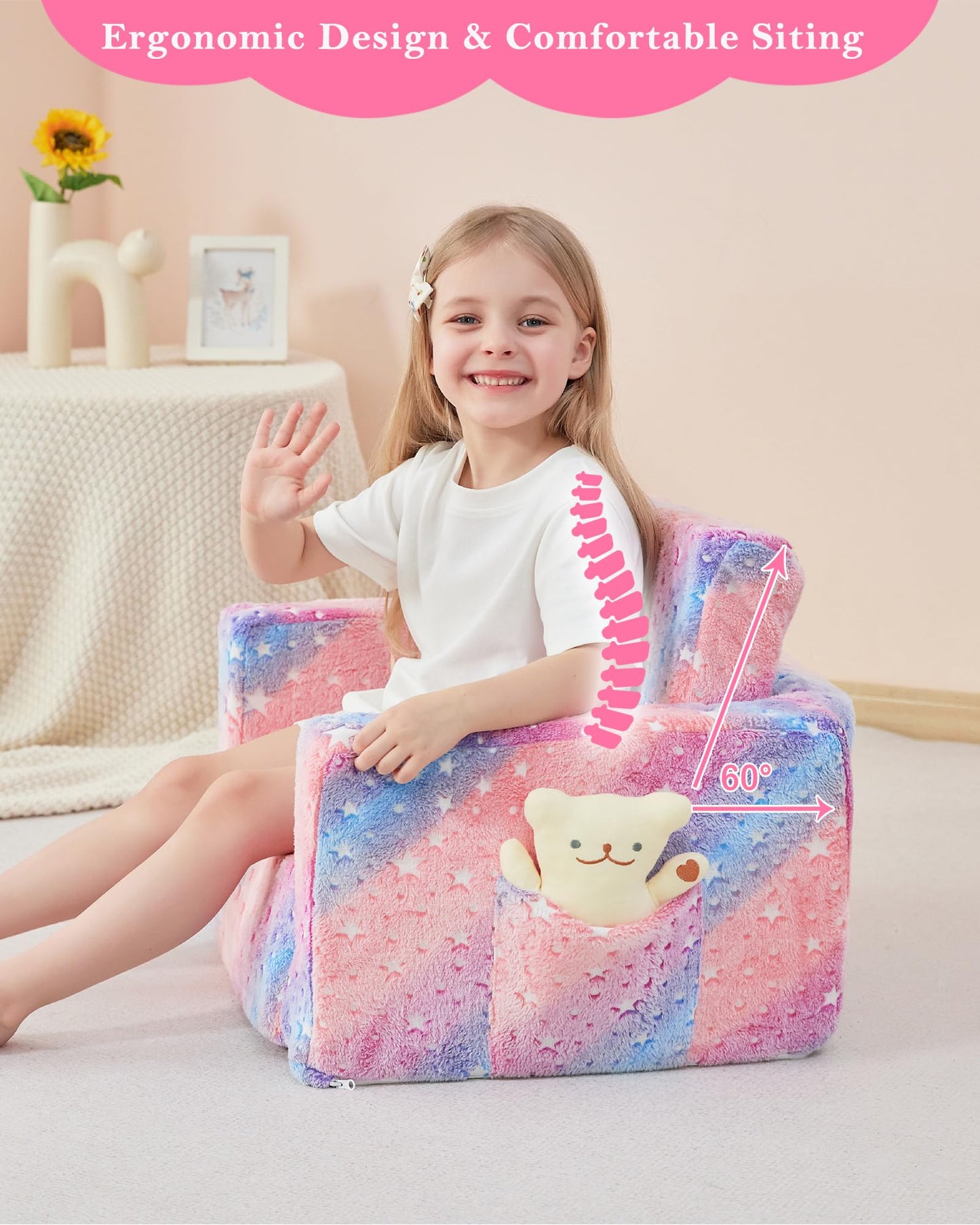 lasoftan Toddler Couch, 2-in-1 Soft Kids Couch Bed Fold Out, Toddler Chairs Comfy for Boys & Girls, Convertible Kids Sofa to Lounge for Playroom, Gift for Birthday, Children's Day- Glow Star