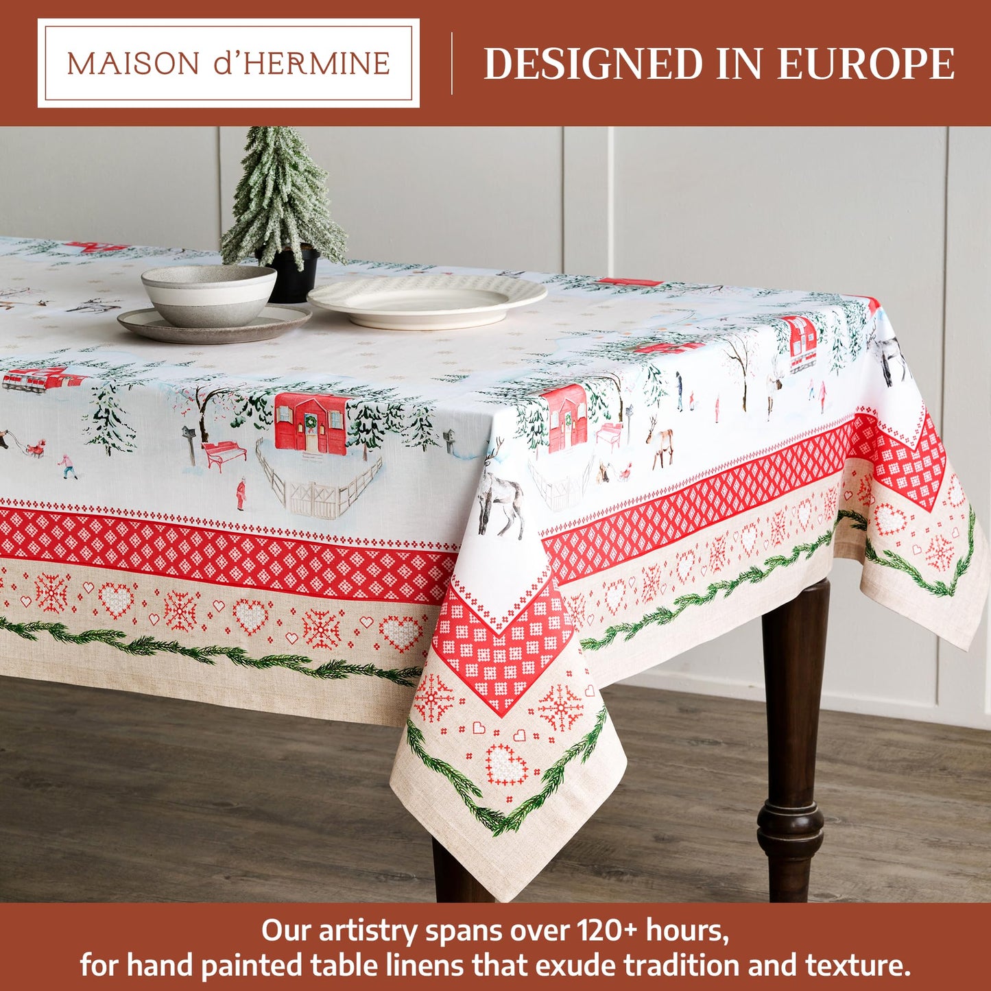 Maison d' Hermine Table Cloth Rectangle Table 100% Cotton 70 x 120 Inches Fall Tablecloth Reusable Everyday Use for Thanksgiving Christmas Decorations Dining Farmhouse Party (Rural Christmas)