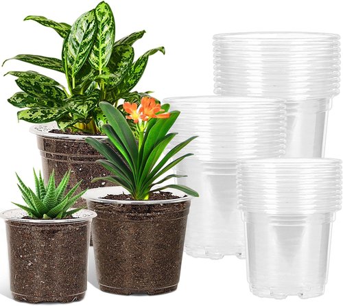 JERIA Clear Nursery Pots - 30 Pack of 5/6/7 Inch Plant Pots with Drainage Holes | Durable Plastic for Succulents
