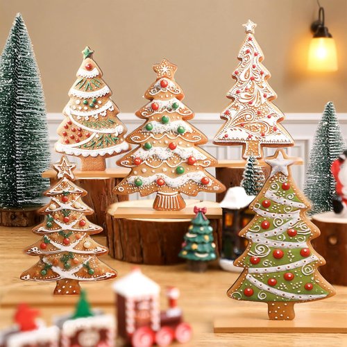 Chunful Gingerbread Christmas Table Decorations - 5 Pcs Wooden Centerpiece for Holiday Home Decor