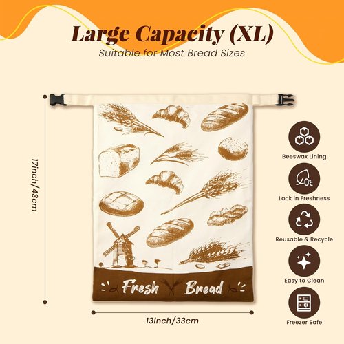Beeswax Bread Bags - 2 Pack Reusable Organic Cotton Storage for Sourdough & Bakery Bread
