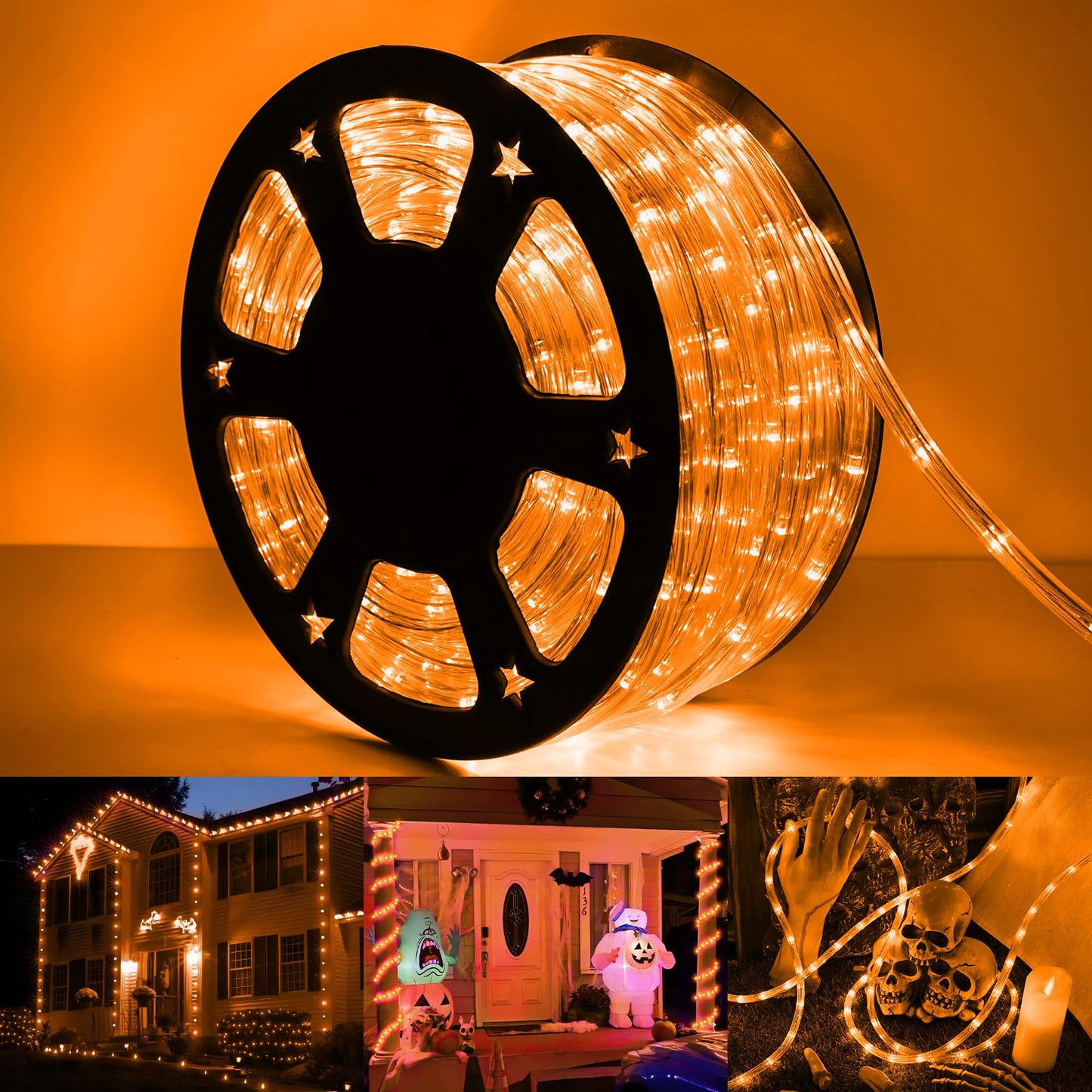 50ft LED Rope Lights Outdoor, 360 LED Connectable and Flexible Tube Lights with 8 Modes, Waterproof Indoor Outdoor LED Rope Lighting for Deck, Garden, Pool, Patio, Party, Holloween Decoration (Orange)