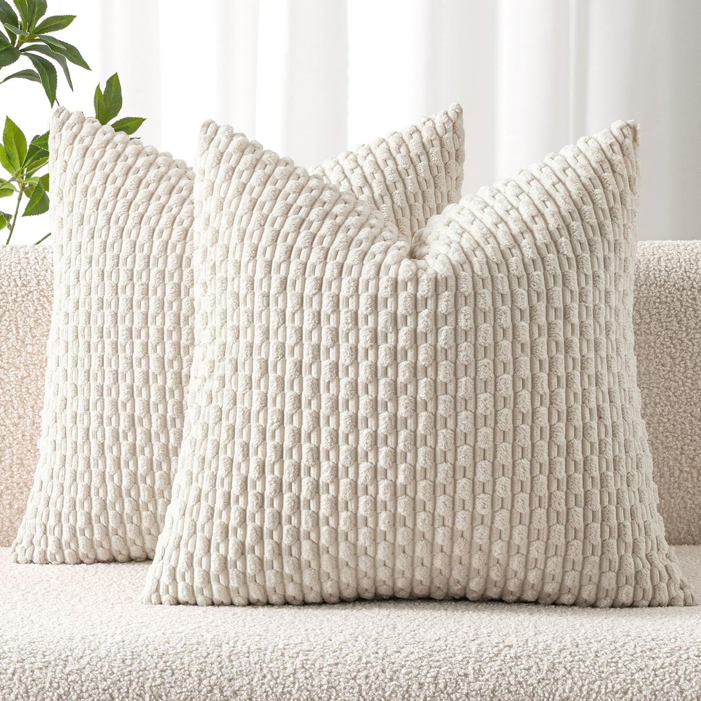 MIULEE Decorative Throw Pillow Covers - Soft Boho Striped Corduroy | 18x18 Inch Cream White Set of 2