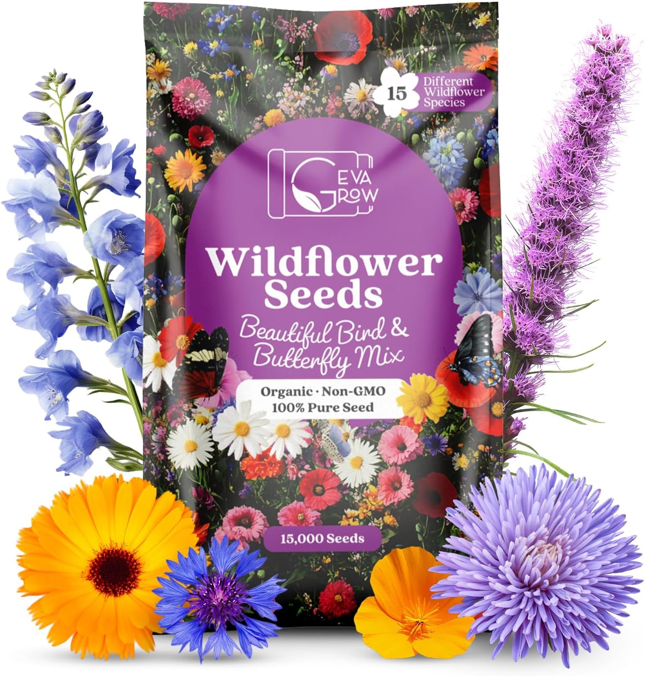 Wildflower Seeds Bulk - 40,000+ Non-GMO Butterfly & Hummingbird Mix | 1 Oz. Pollinator Flower Seeds