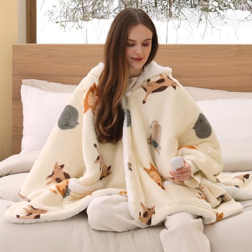 Bedsure Heated Blanket Wearable Shawl - Electric Wrap Poncho Blanket Hoodie for Adult, Winter Gifts for Mom Women Girlfriend, Warm Sherpa Heating Throw, Auto Shut Off, 50x64 inches, Printed Cat